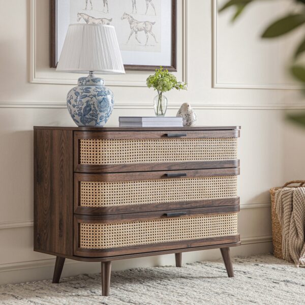 The Store Inlh Walnut Curved Rattan 3-Drawer Dresser