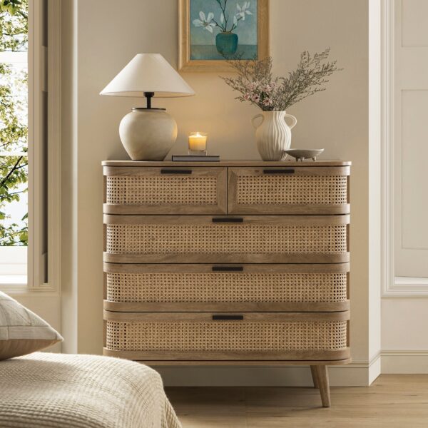 Meeqa Natural Curved Rattan 5-Drawer Dresser